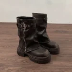 Women Winter Biker Boots Belt Buckle Platform Casual Short Booties