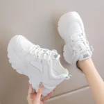 Women White Platform Sneakers Lace Up Thick Sole Breathable Sports Shoes - Image 3
