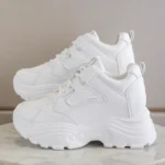 Women White Platform Sneakers Lace Up Thick Sole Breathable Sports Shoes