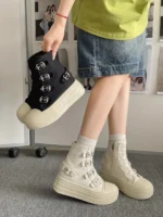 Women High Top Canvas Sneakers Buckle Strap Zip Casual Walking Shoes - Image 6