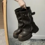 Women Winter Biker Boots Belt Buckle Platform Casual Short Booties - Image 2