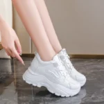 Women White Platform Sneakers Lace Up Thick Sole Breathable Sports Shoes - Image 4