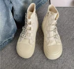 Women High Top Canvas Sneakers Buckle Strap Zip Casual Walking Shoes