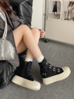 Women High Top Canvas Sneakers Buckle Strap Zip Casual Walking Shoes - Image 5